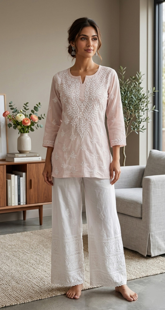 Image of Light Beige Cotton Hand Embroidered Lucknowi Chikankari Short Top | Rohia By Chhangamal