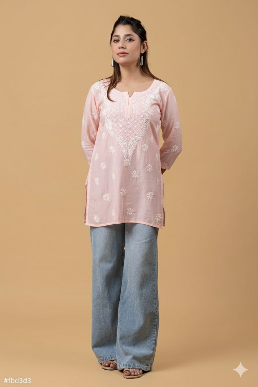 Peach Muslin Chikankari Short Top