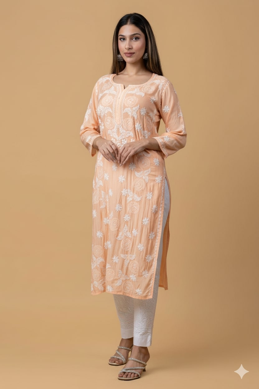 Peach Pink Muslin Chikankari Kurta