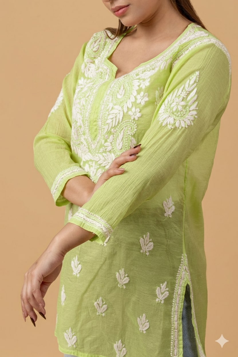 Green Mul Chanderi Chikankari Short Top