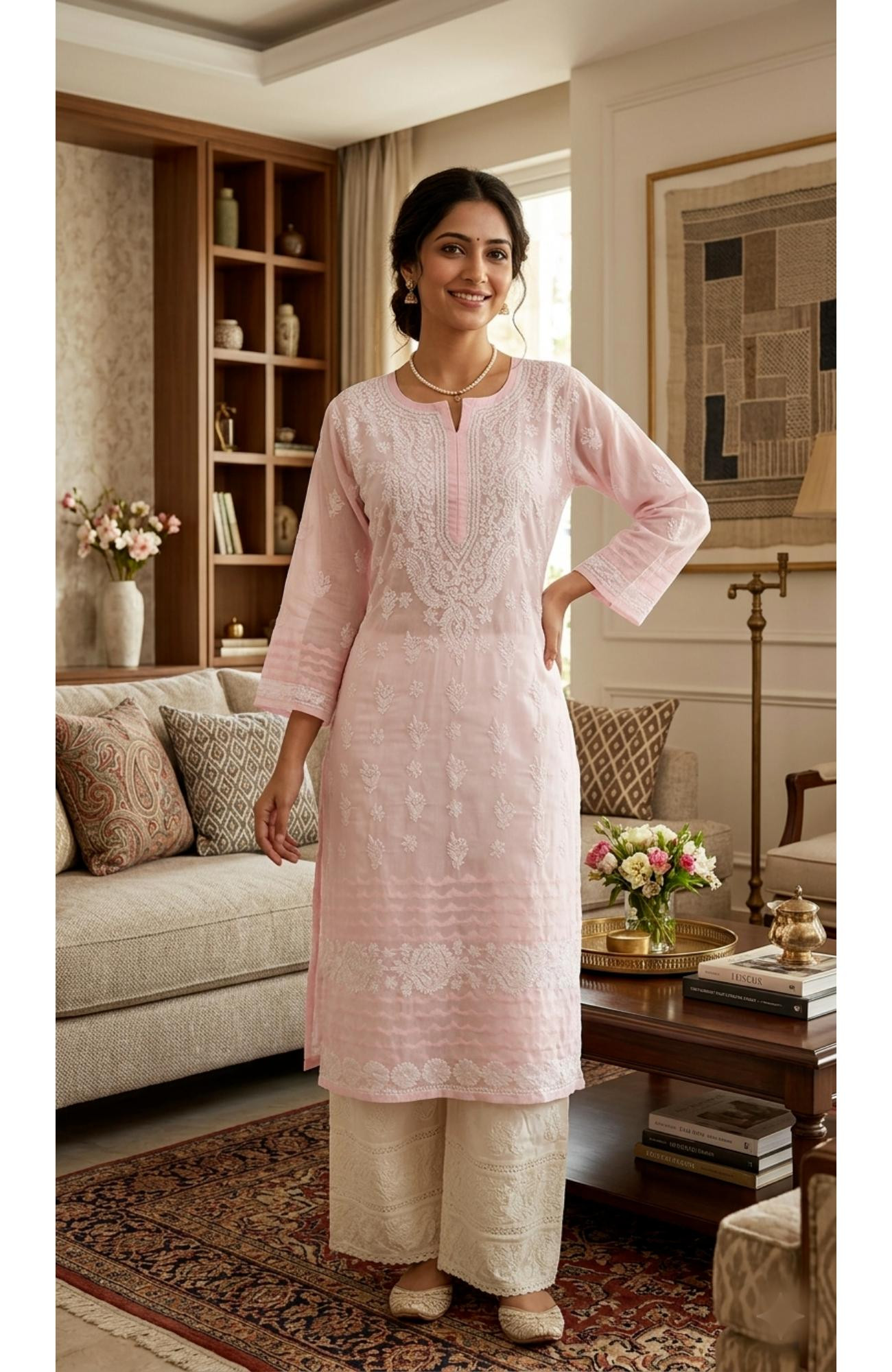 Pink Cotton Hand Embroidered Chikankari Kurti  Rohia By Chhangamal