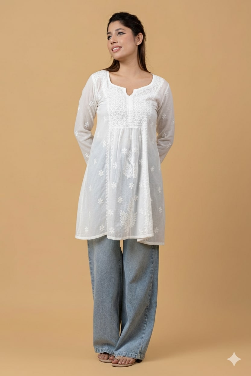 White Mul Chanderi Chikankari Short Top