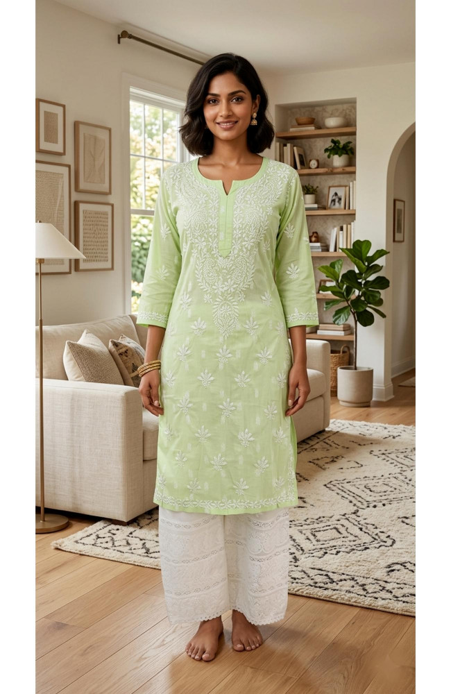 Image of Green Cotton Hand Embroidered Chikankari Kurti | Rohia By Chhangamal