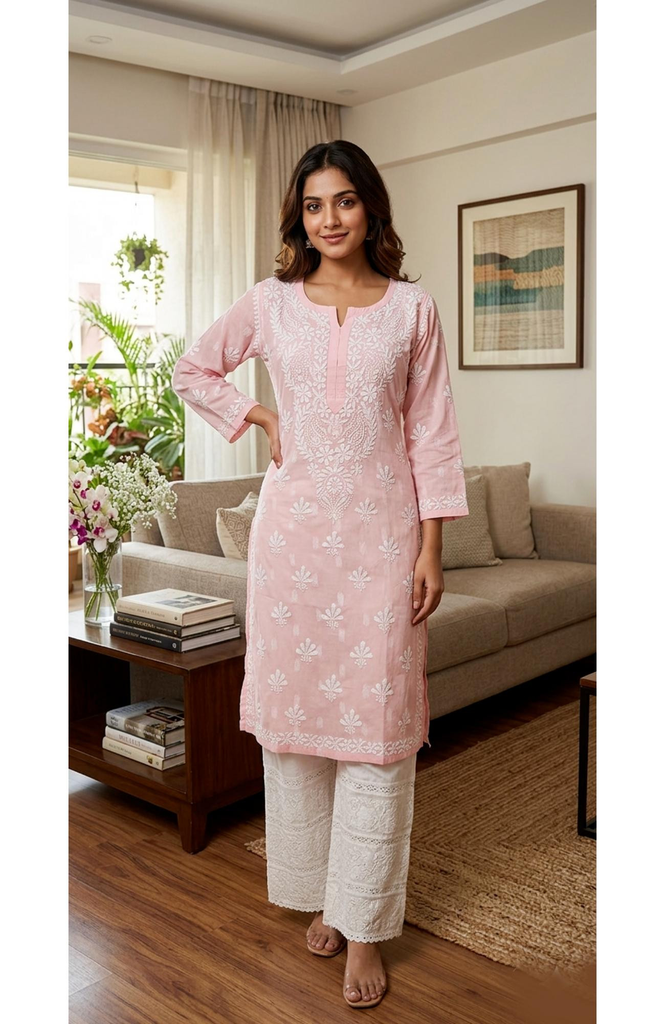 Pink Cotton Hand Embroidered Lucknowi Chikankari Kurti  Rohia By Chhangamal