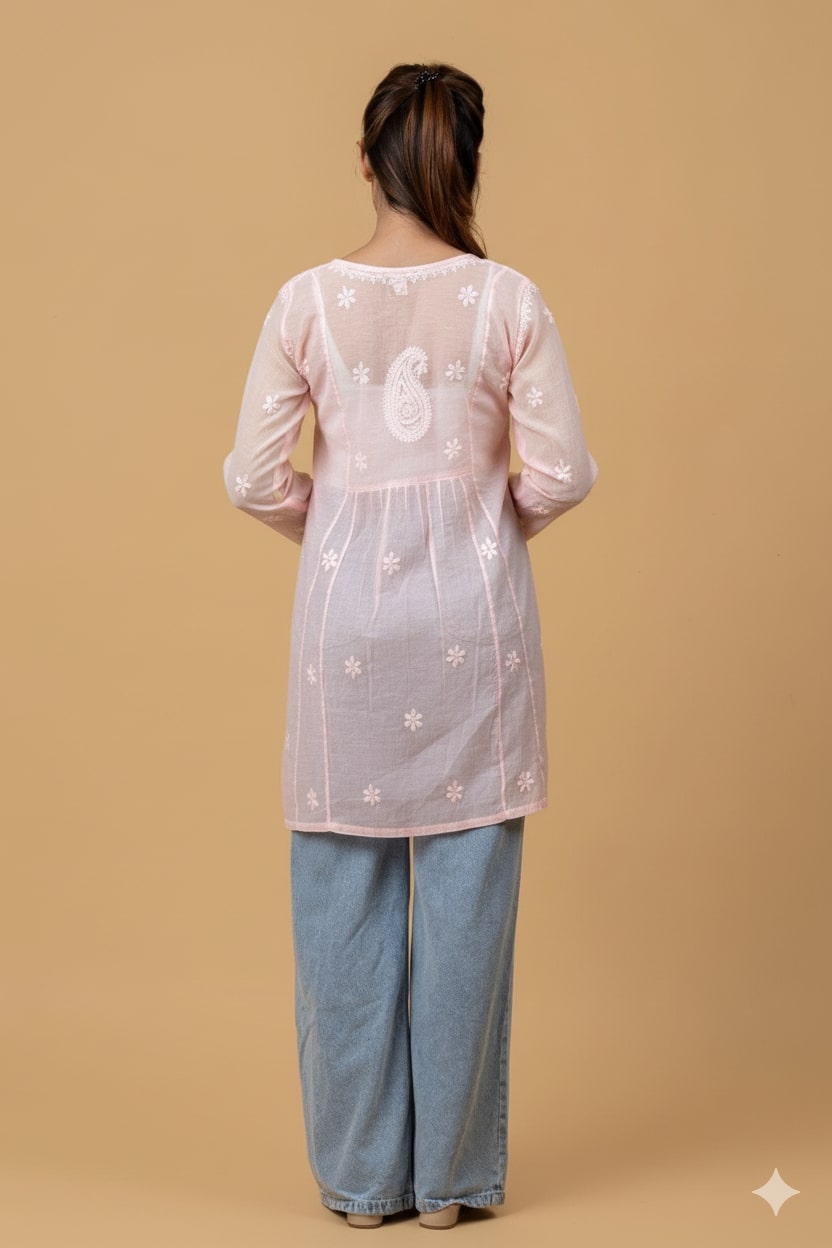 Peach Pink Mul Chanderi Chikankari Short Top