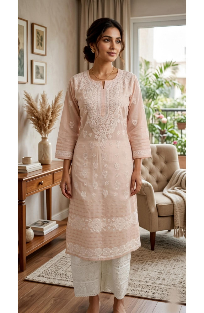Image of Blush Pink Cotton Hand Embroidered Chikankari Kurti | Rohia By Chhangamal