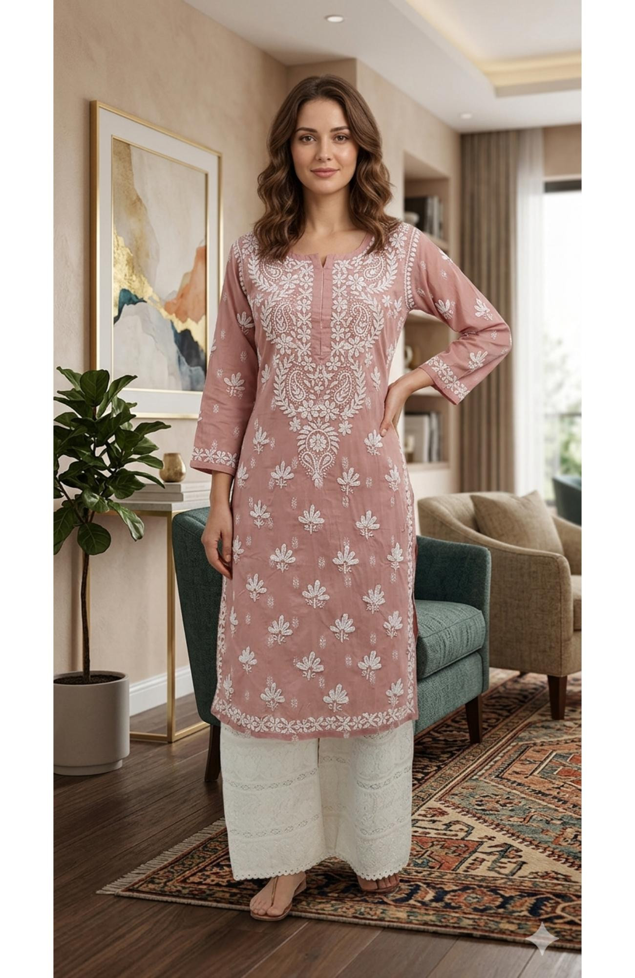 Onion Pink Cotton Hand Embroidered Lucknowi Chikankari Kurti  Rohia By Chhangamal