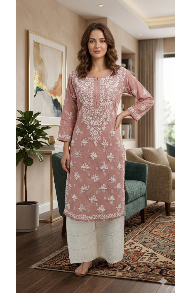 Image of Onion Pink Cotton Hand Embroidered Lucknowi Chikankari Kurti | Rohia By Chhangamal