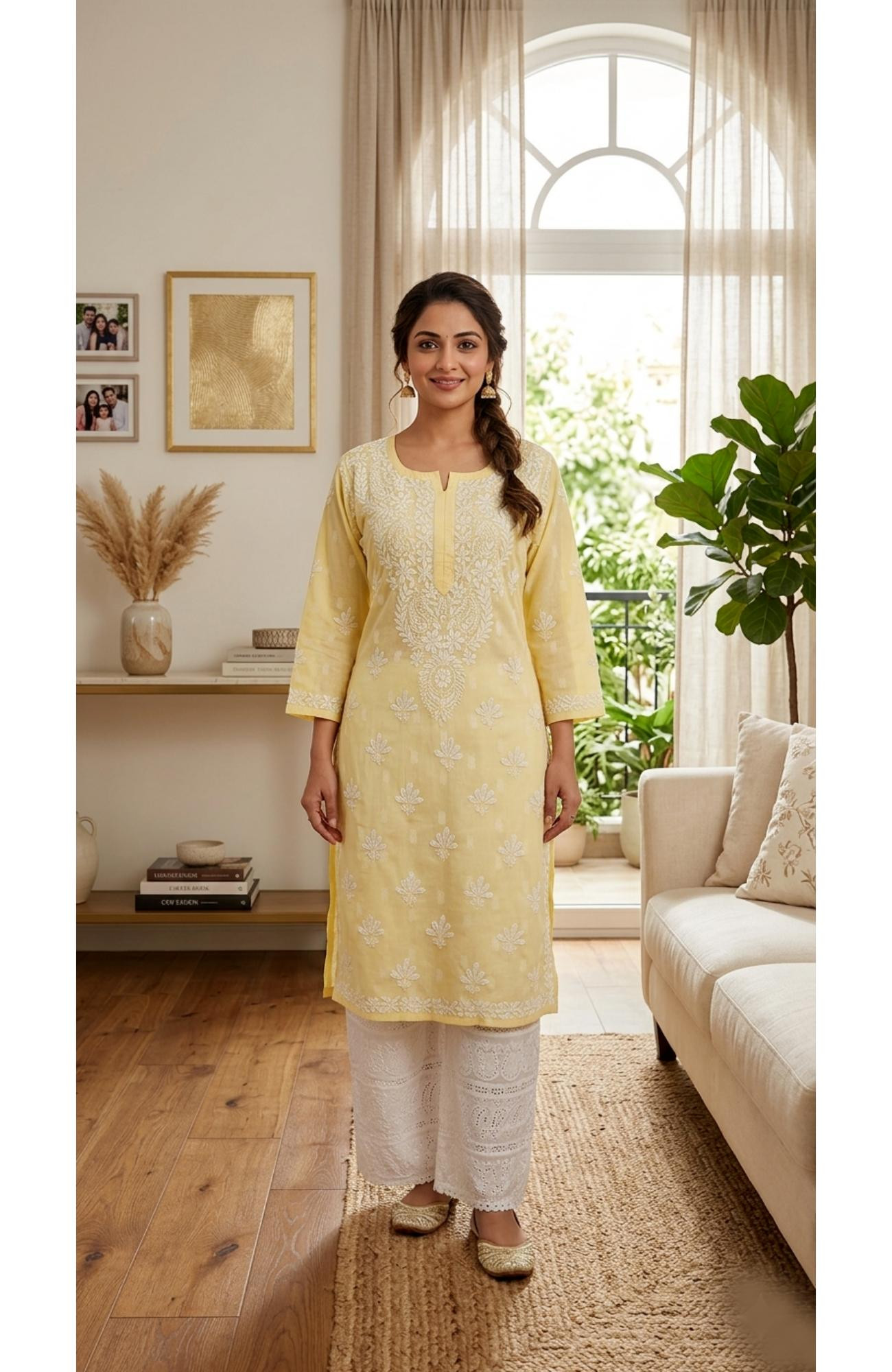 ellow Cotton Hand Embroidered Lucknowi Chikankari Kurti  Rohia By Chhangamal