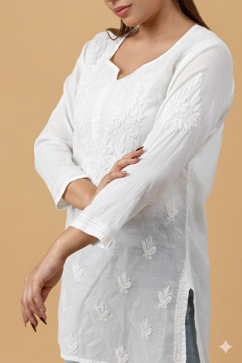 White Mul Chanderi Chikankari Short Top