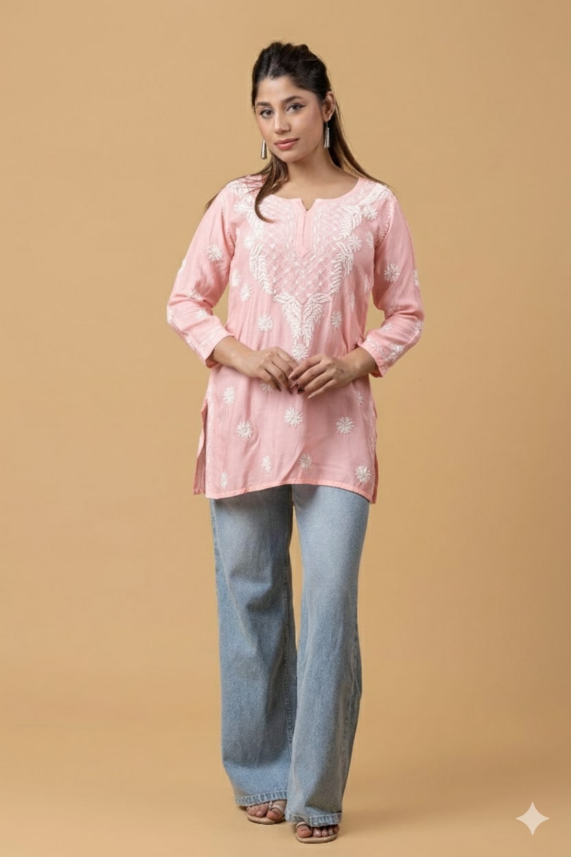 Peach Muslin Chikankari Short Top
