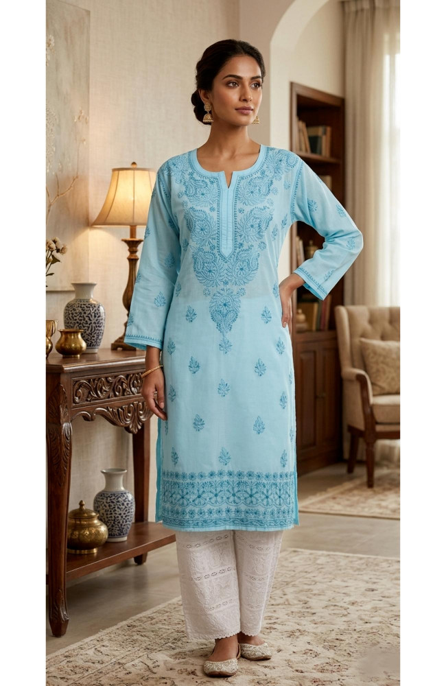 Image of Light Blue Cotton  Hand Embroidered Chikankari Kurti
