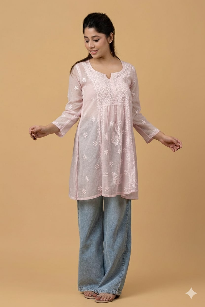 Peach Pink Mul Chanderi Chikankari Short Top