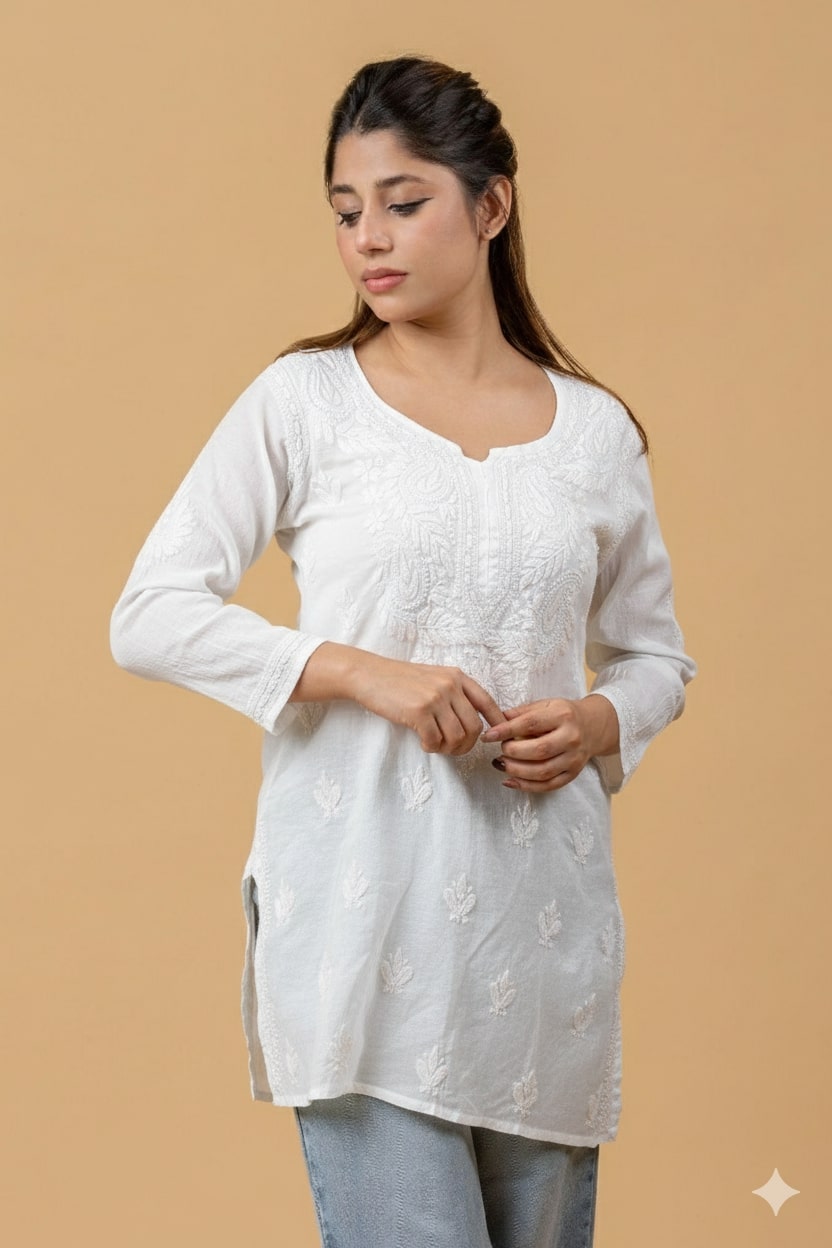 White Mul Chanderi Chikankari Short Top