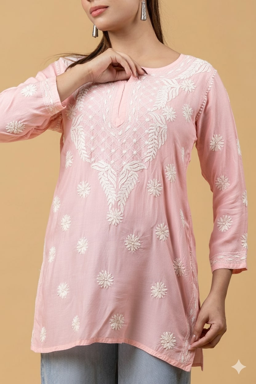 Peach Muslin Chikankari Short Top