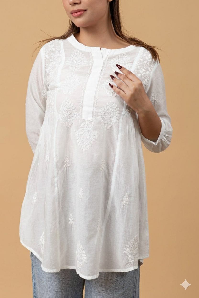 White Muslin Chikankari Short Top