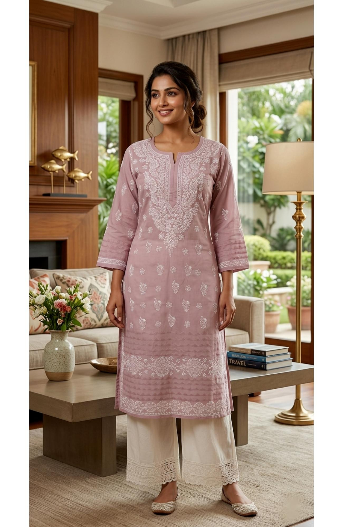 Pink Cotton Hand Embroidered Chikankari Kurti  Rohia By Chhangamal