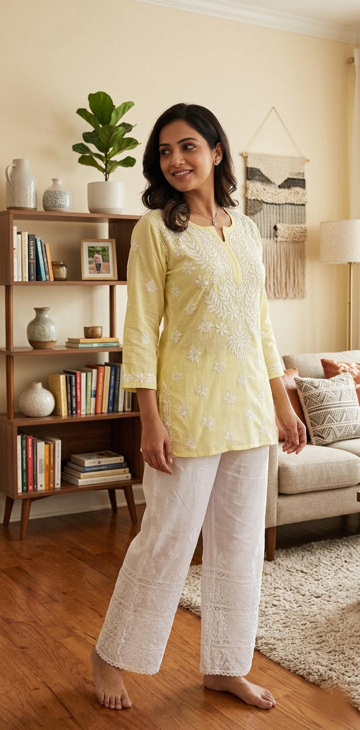 Lemon Cotton Hand Embroidered Chikankari Short Top  Rohia By Chhangamal