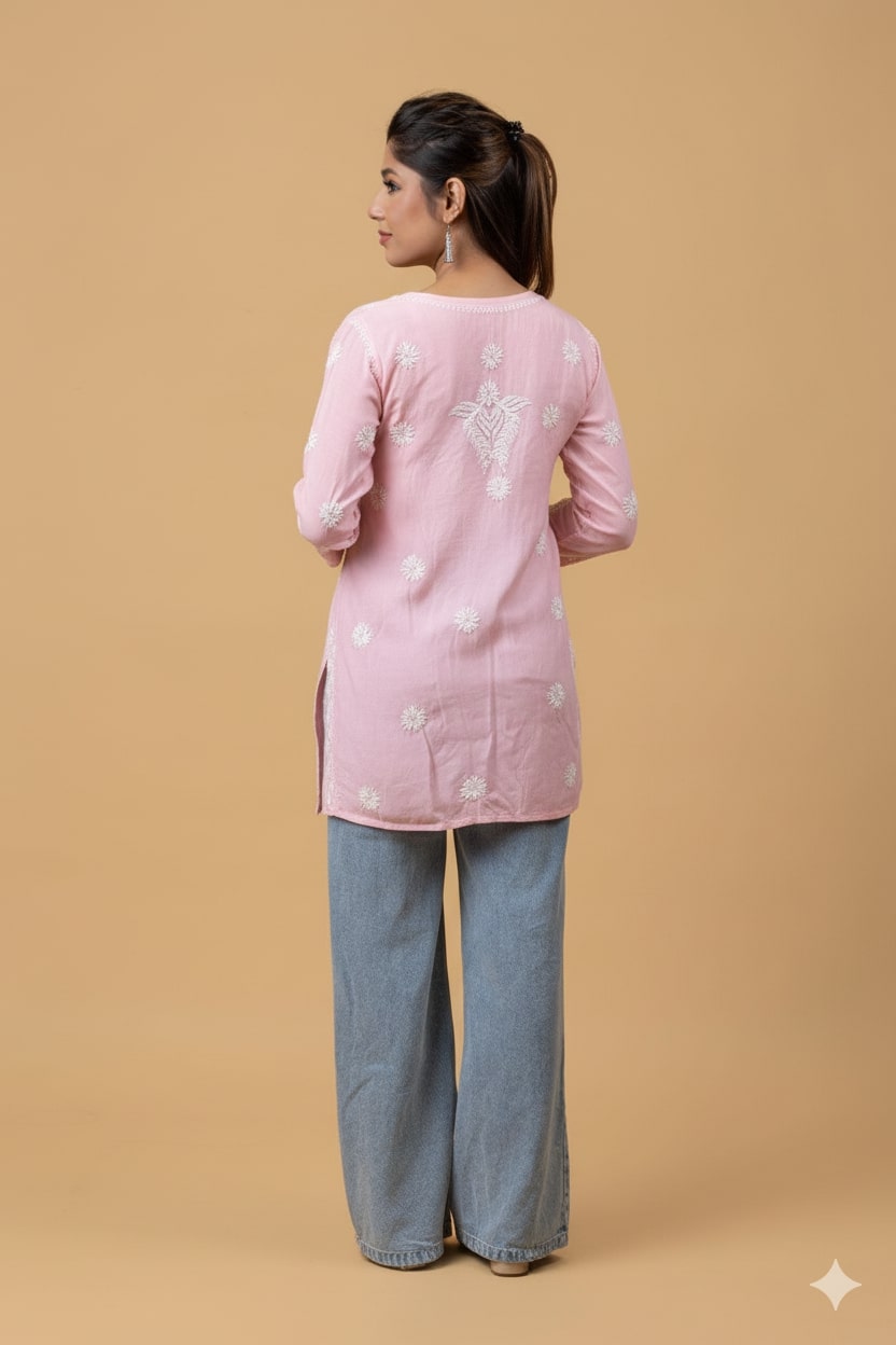 Peach Muslin Chikankari Short Top