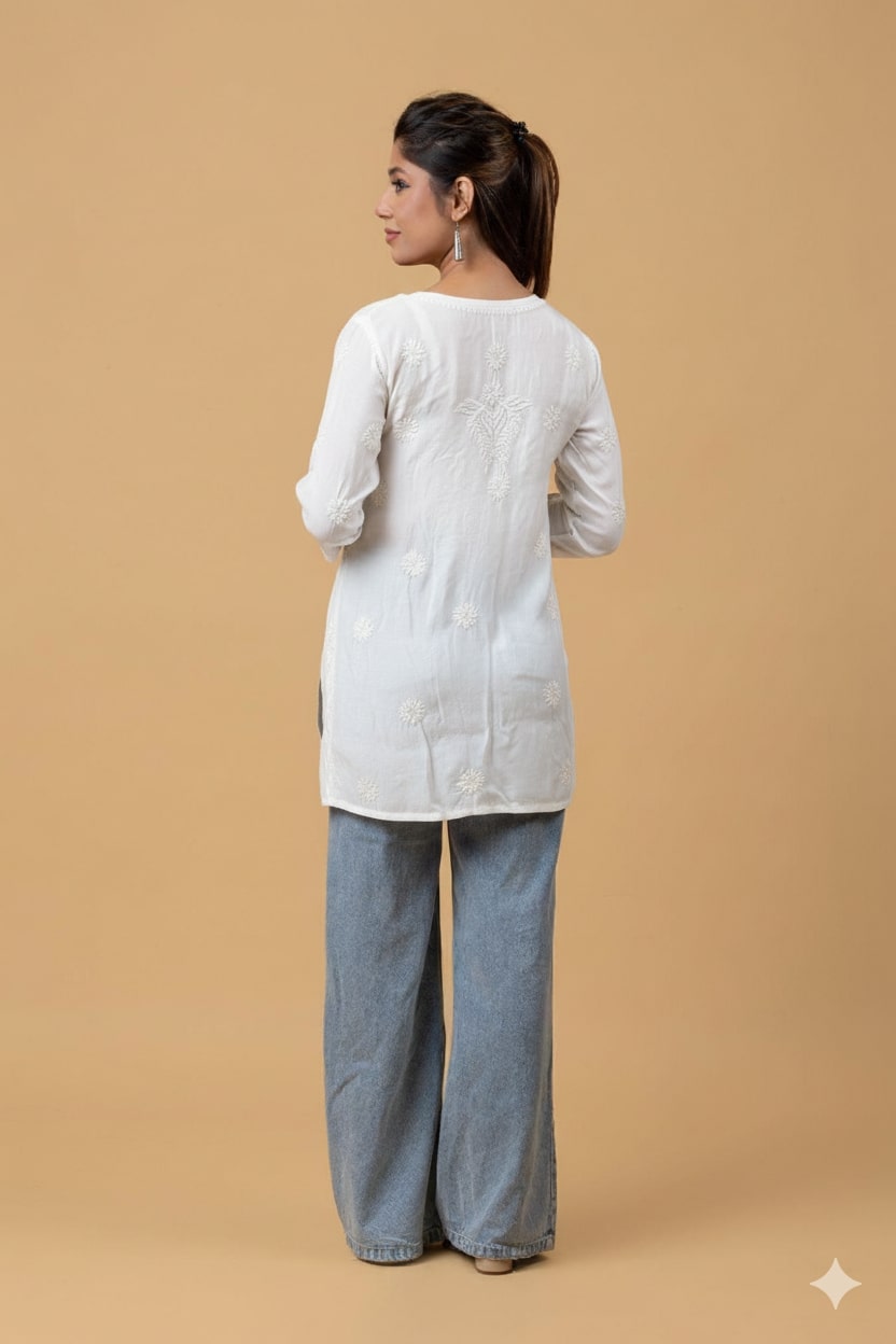White Muslin Chikankari Short Top