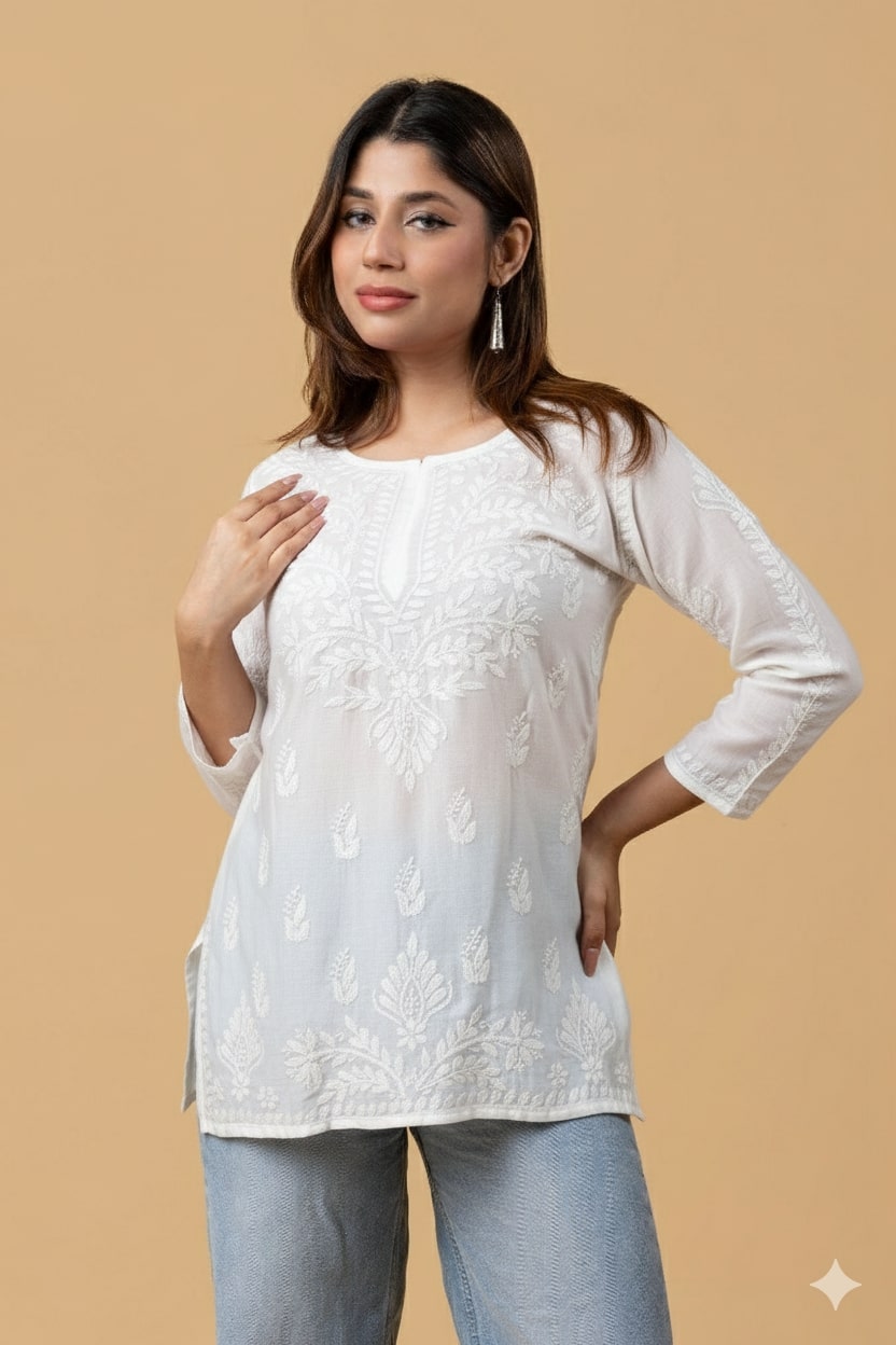 Off White Chanderi Chikankari Short Top