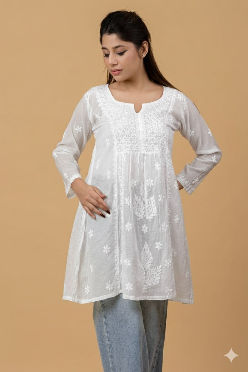 White Mul Chanderi Chikankari Short Top
