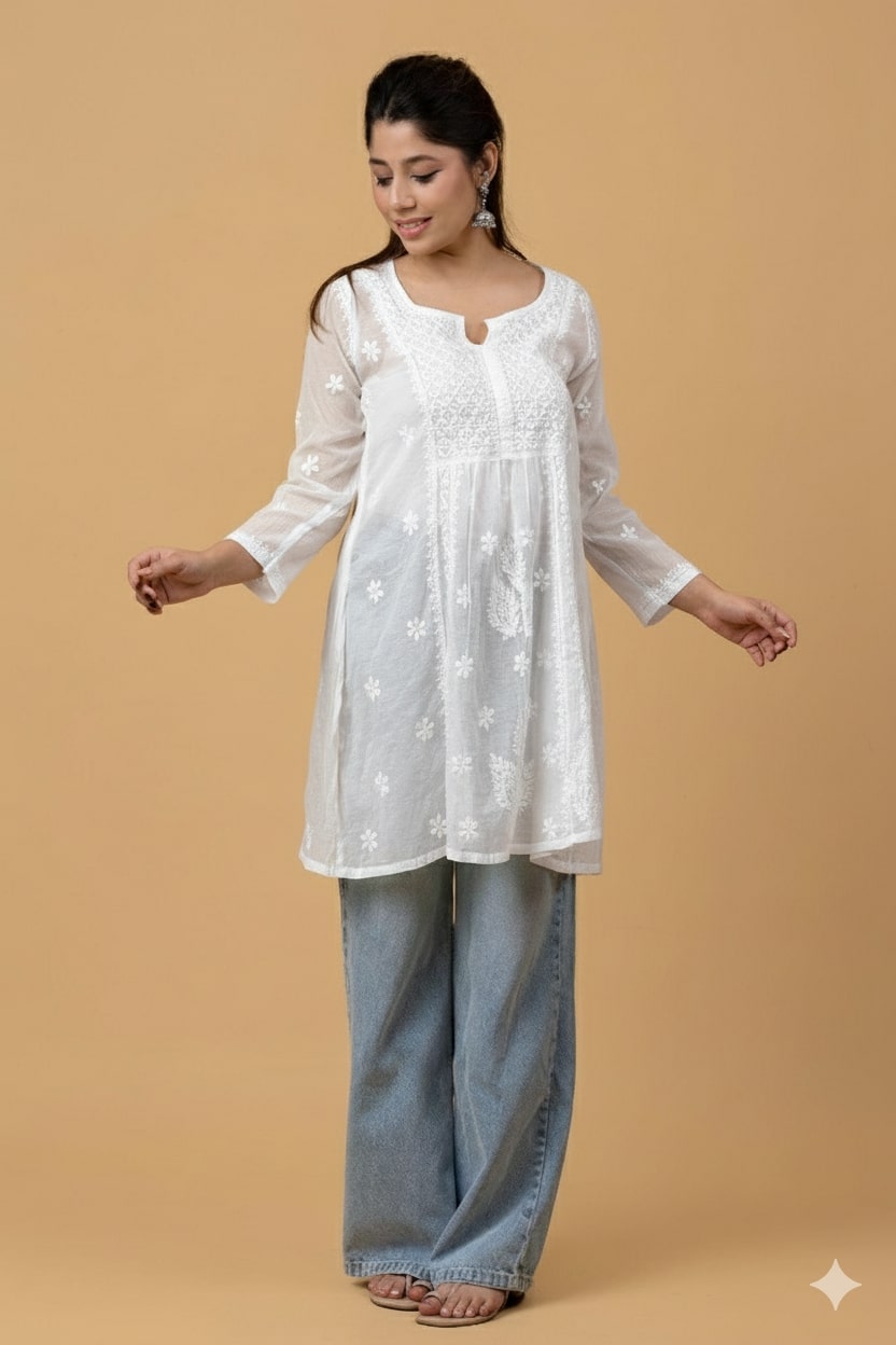 White Mul Chanderi Chikankari Short Top