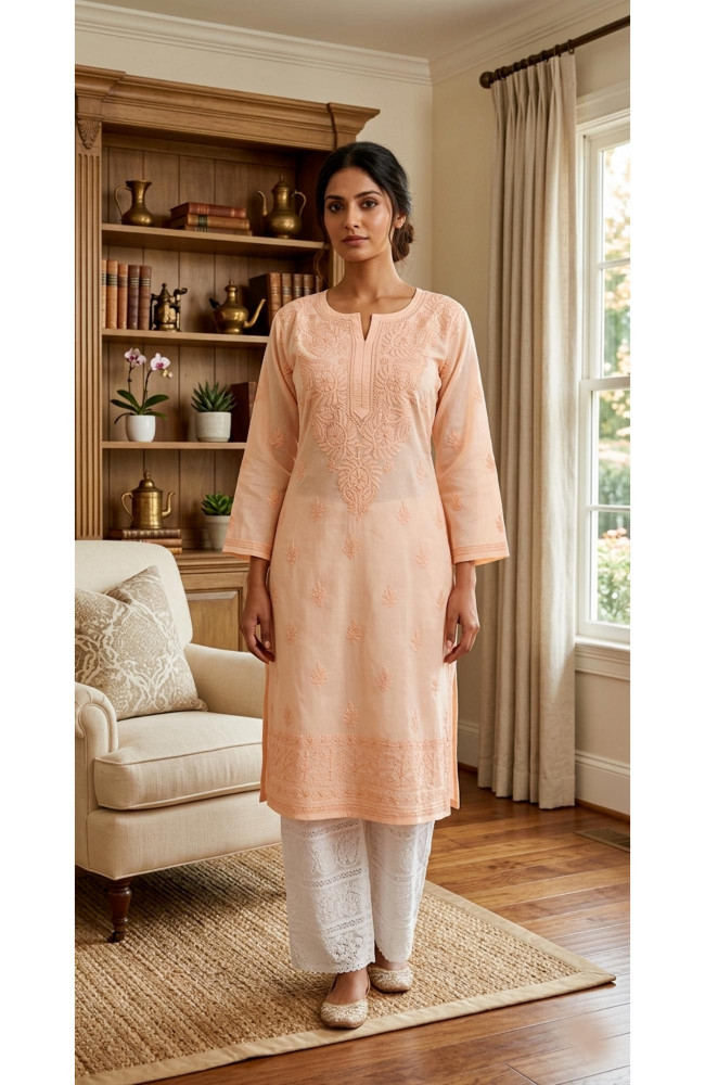 Image of Peach Pink Cotton  Hand Embroidered Chikankari Kurti