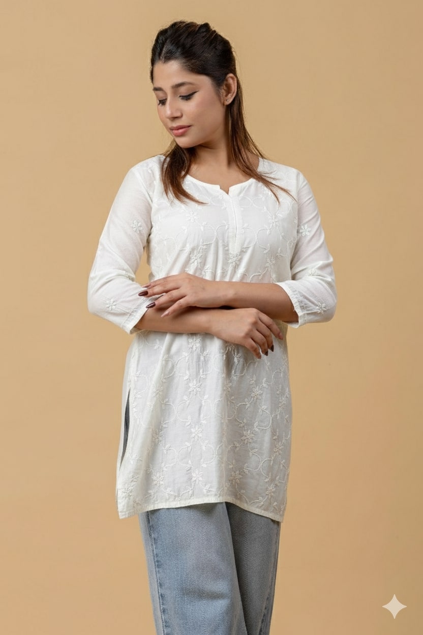 White Chanderi Chikankari Short Top