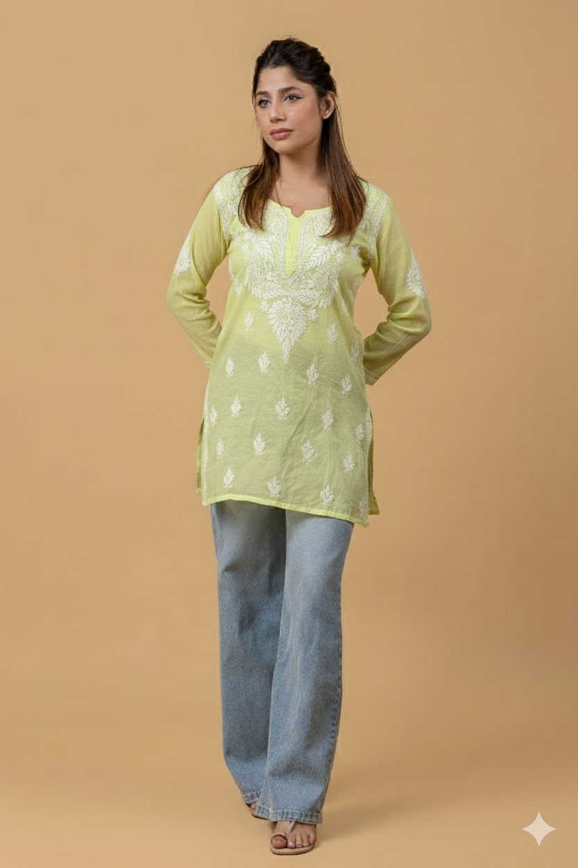 Green Mul Chanderi Chikankari Short Top