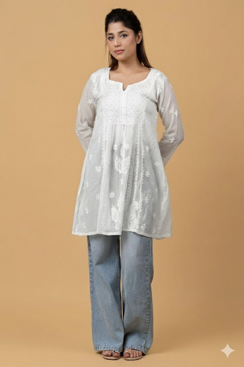 White Mul Chanderi Chikankari Short Top