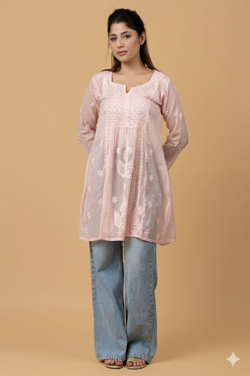Peach Pink Mul Chanderi Chikankari Short Top