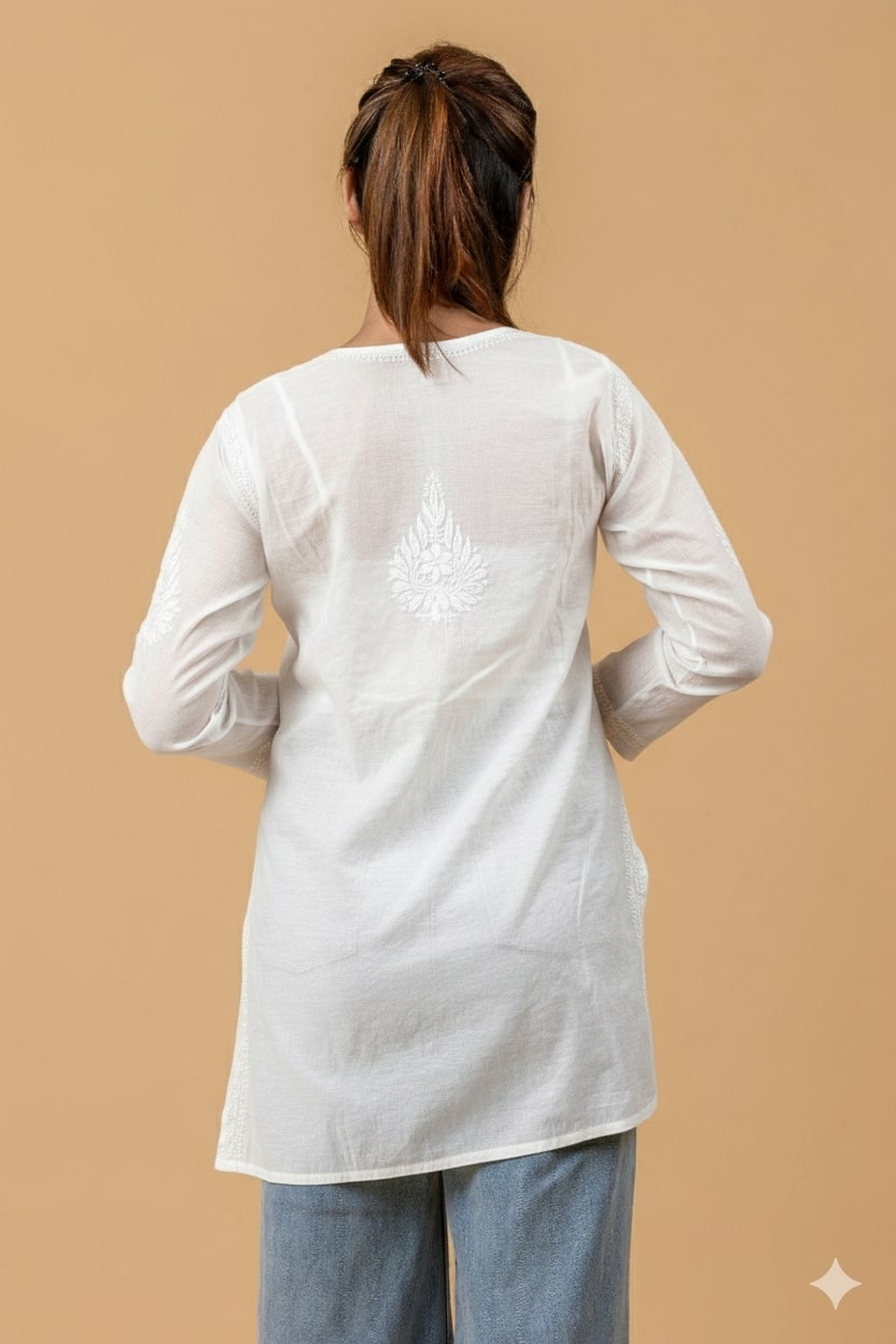 White Mul Chanderi Chikankari Short Top