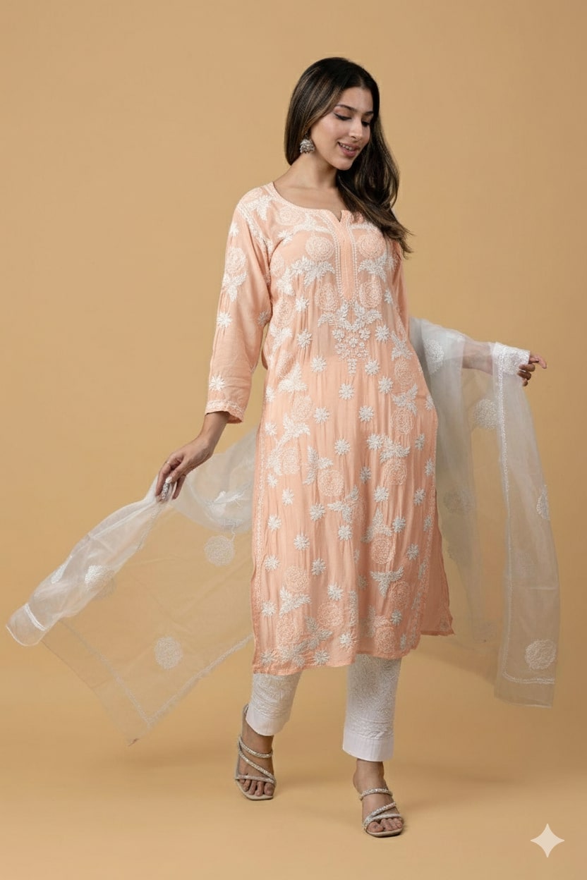 Peach Pink Muslin Chikankari Kurta