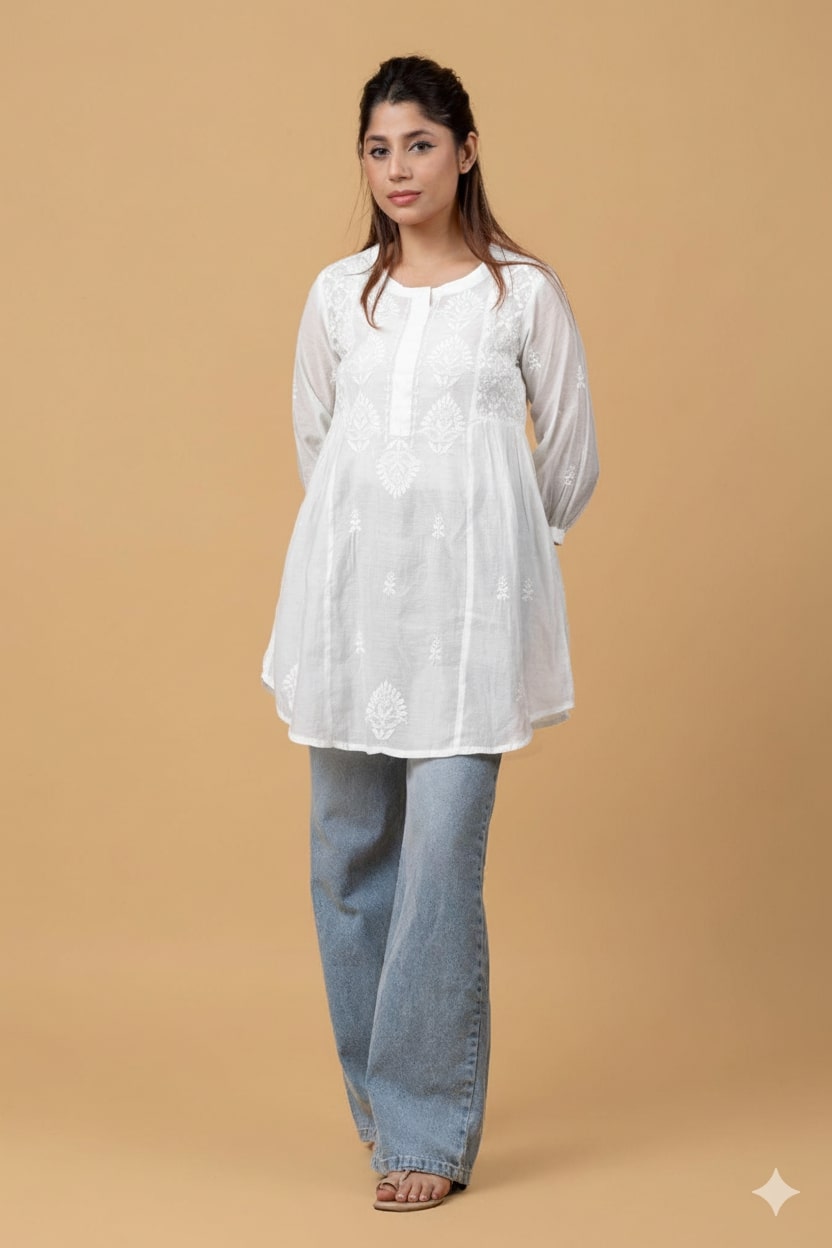 White Muslin Chikankari Short Top