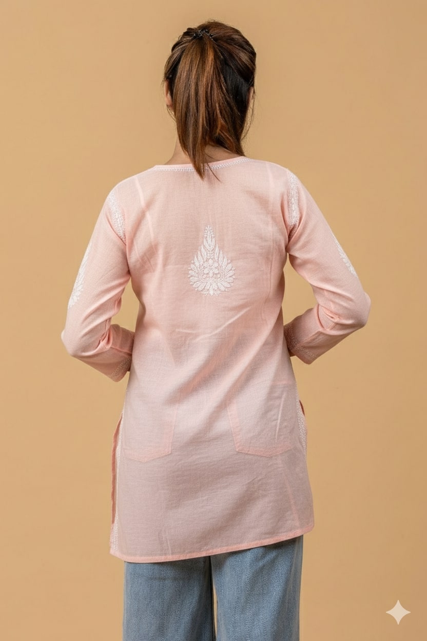 Peach Pink Mul Chanderi Chikankari Short Top