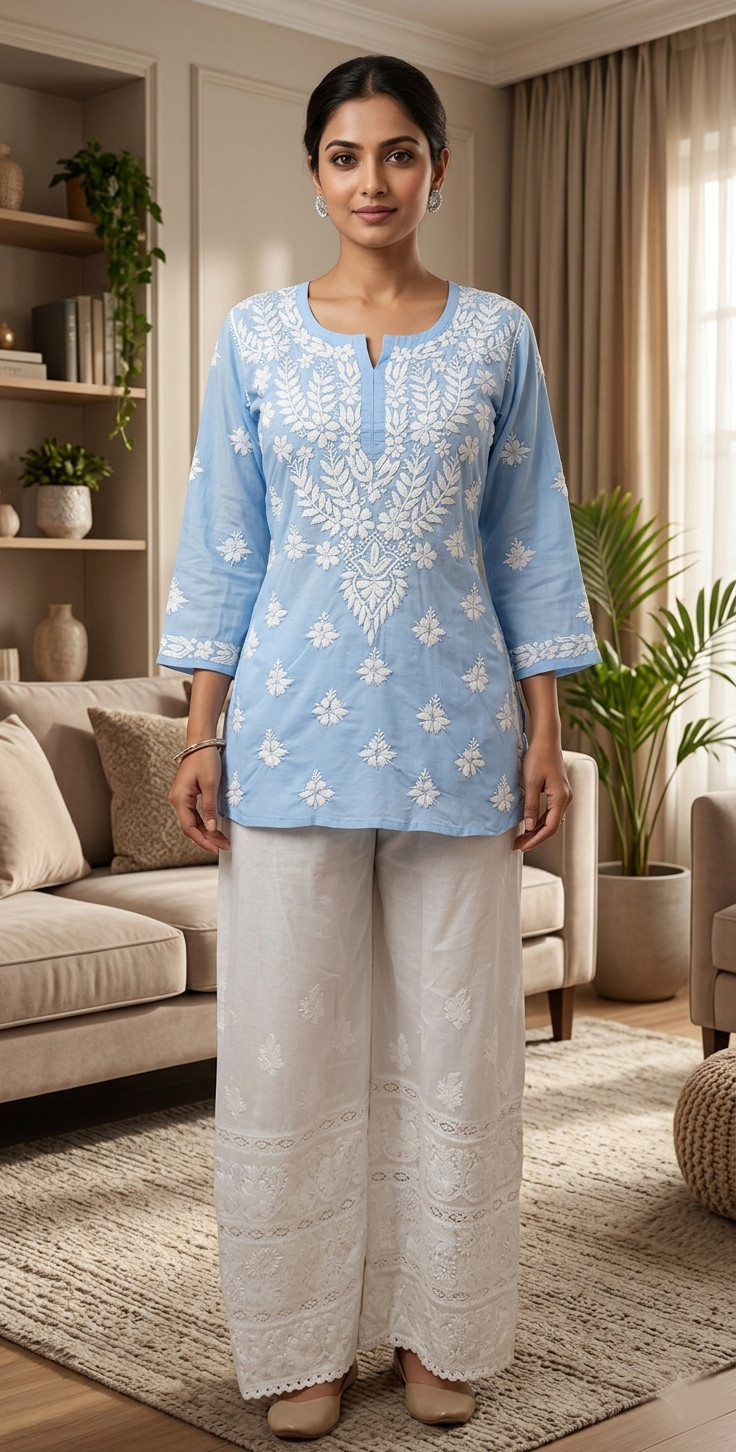 Light Blue Cotton Hand Embroidered Lucknowi Chikankari Short Top  Rohia By Chhangamal