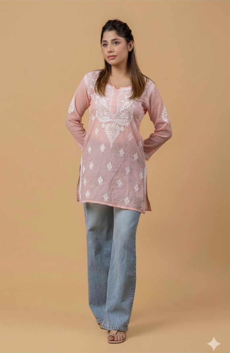 Peach Pink Mul Chanderi Chikankari Short Top