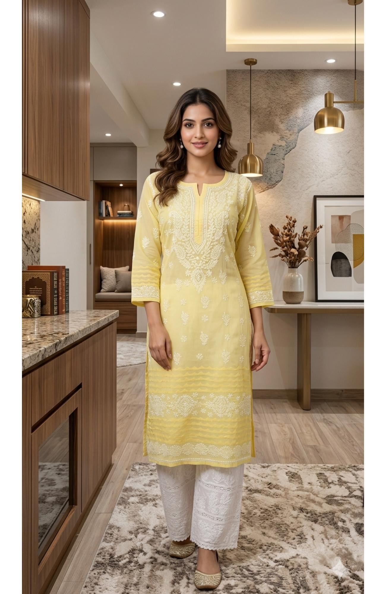 Yellow Cotton Hand Embroidered Chikankari Kurti  Rohia By Chhangamal