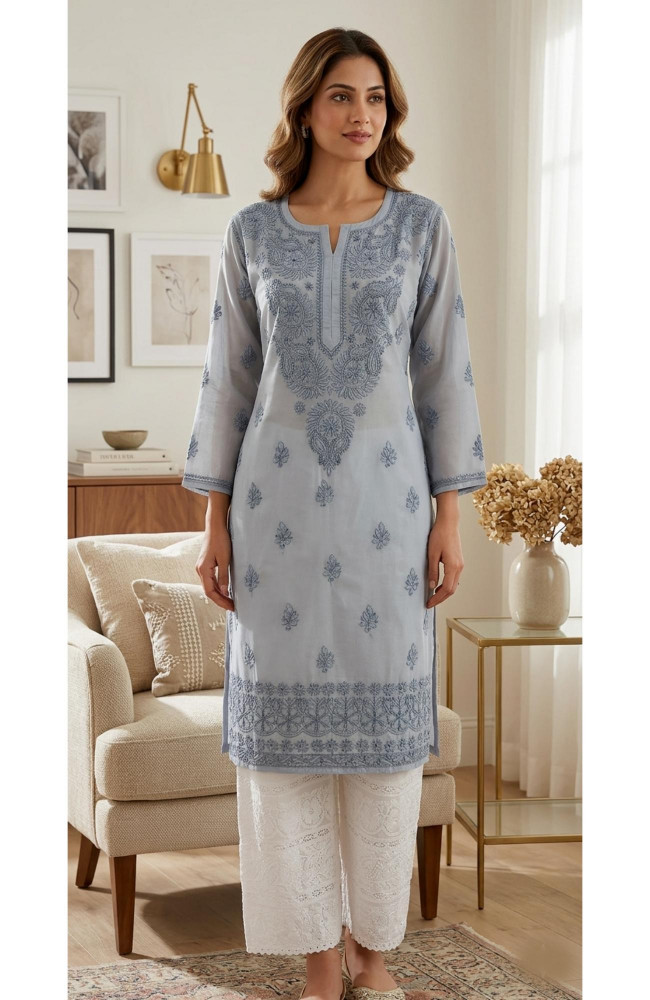 Image of Grey Cotton  Hand Embroidered Chikankari Kurti