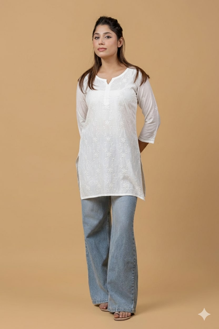 White Chanderi Chikankari Short Top