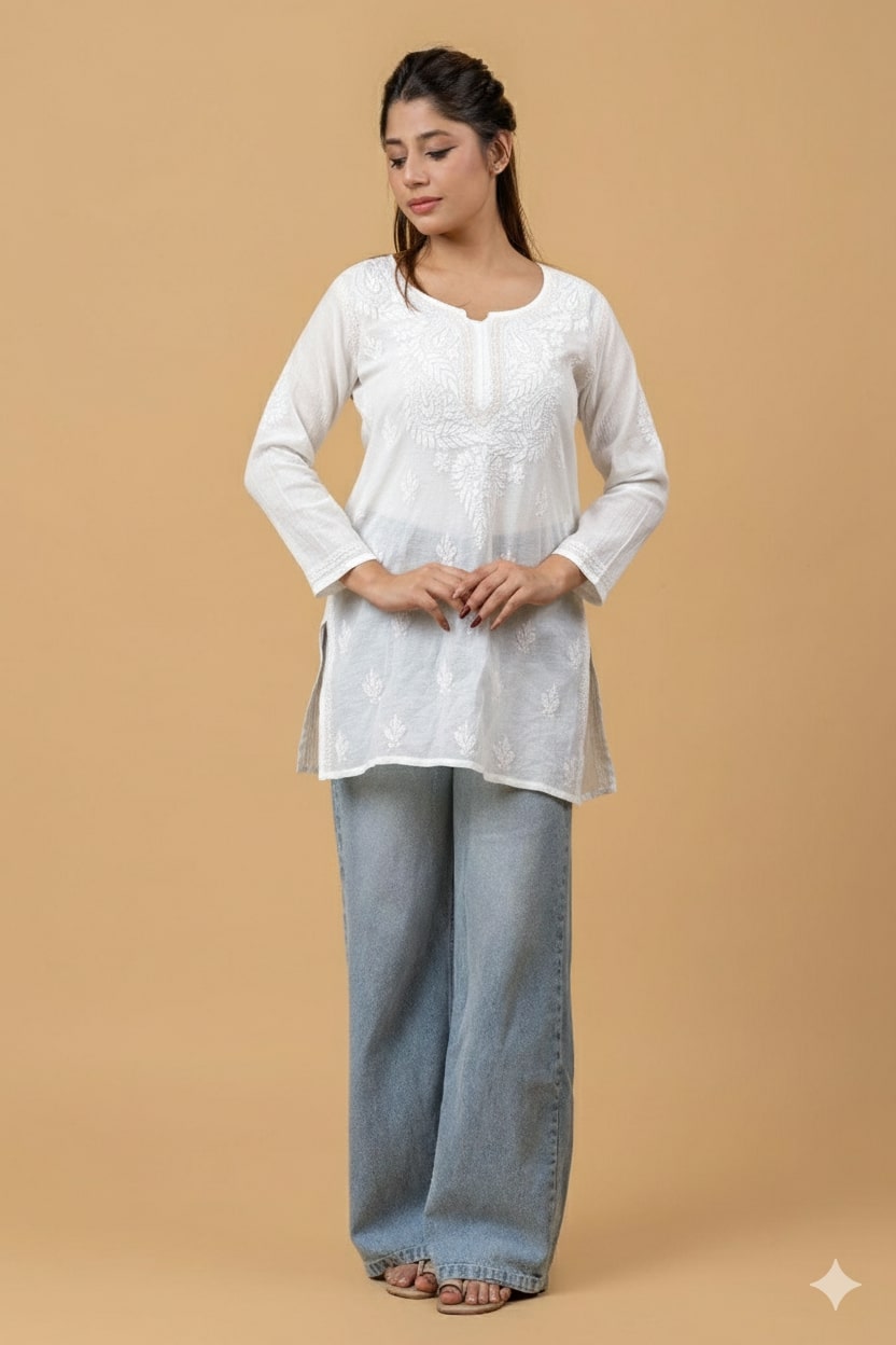 White Mul Chanderi Chikankari Short Top