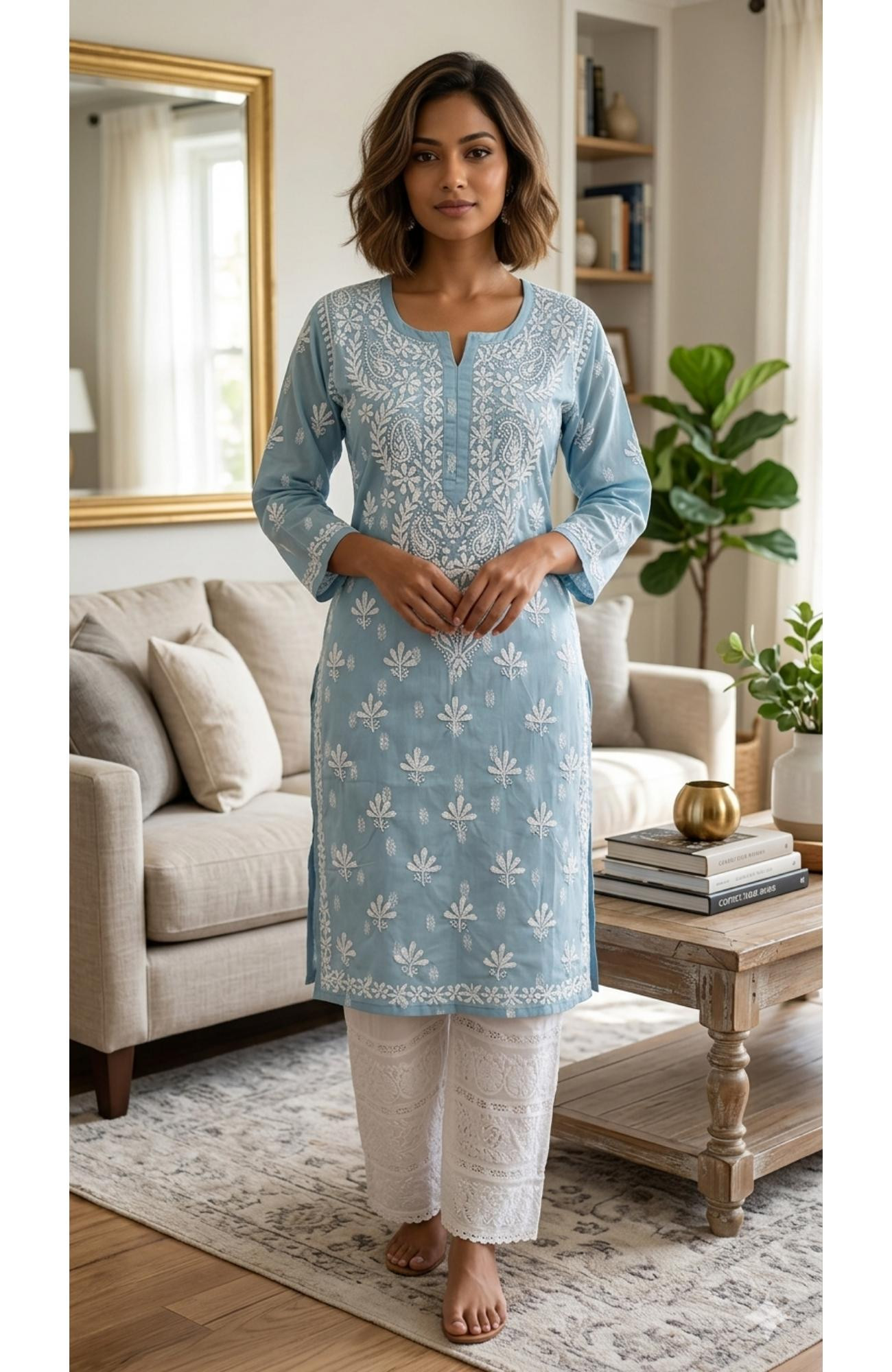 Grey Cotton Hand Embroidered Lucknowi Chikankari Kurti  Rohia By Chhangamal