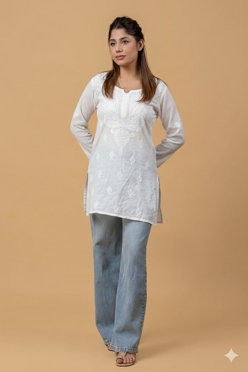 White Mul Chanderi Chikankari Short Top