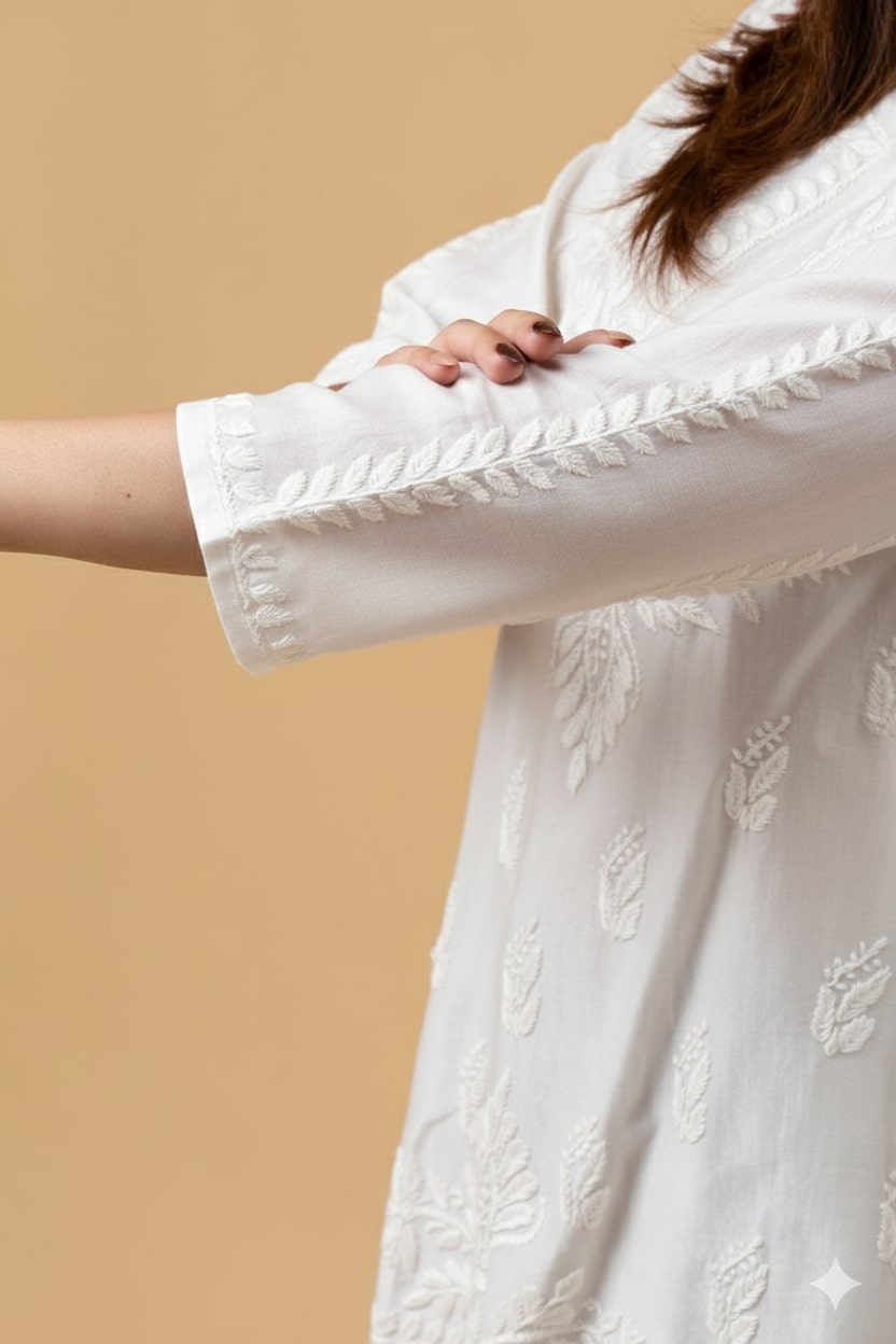 Off White Chanderi Chikankari Short Top