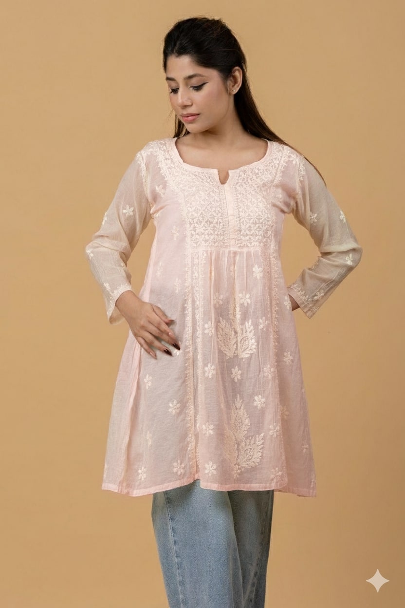 Peach Pink Mul Chanderi Chikankari Short Top