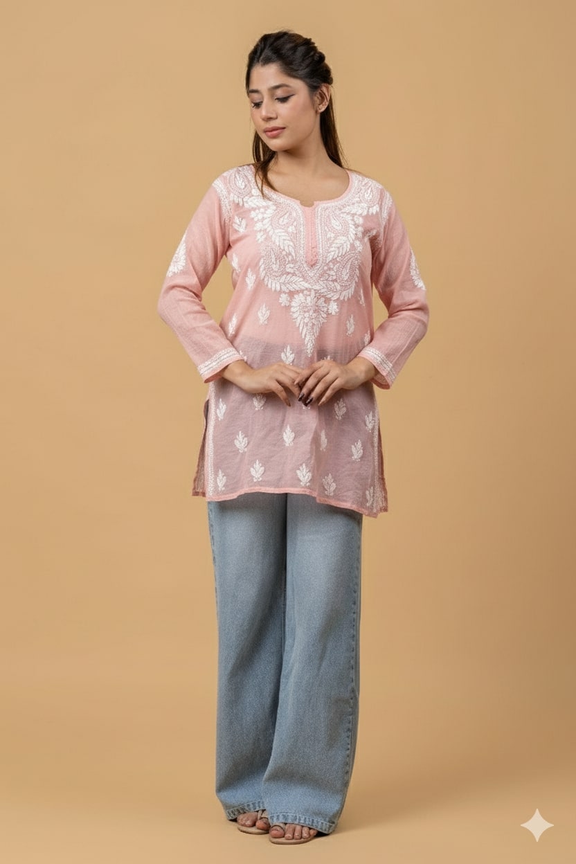 Peach Pink Mul Chanderi Chikankari Short Top