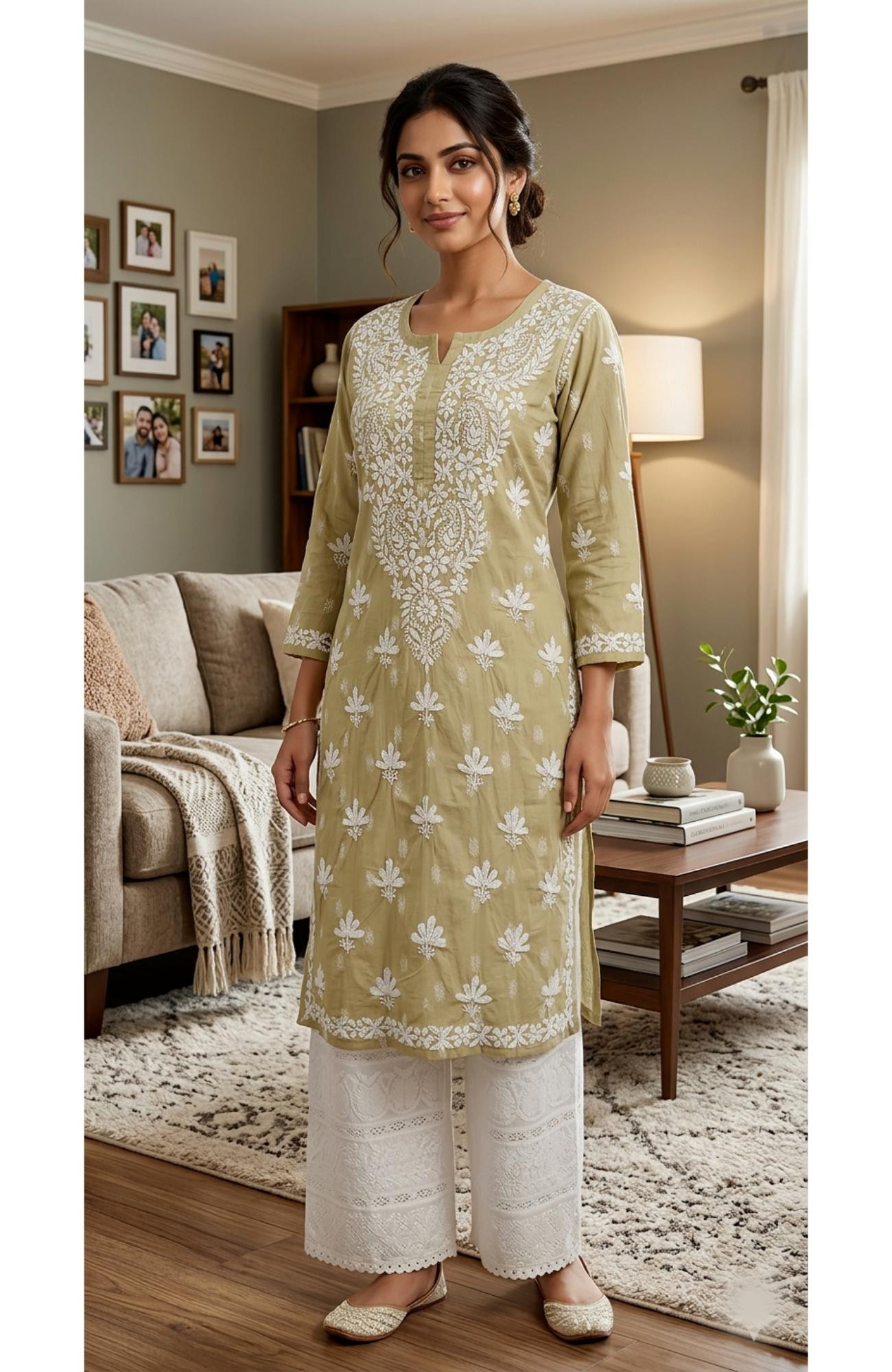 Light Green Cotton Hand Embroidered Lucknowi Chikankari Kurti  Rohia By Chhangamal