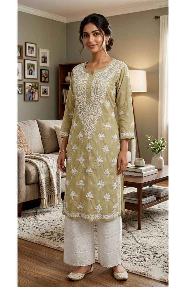 Image of Light Green Cotton Hand Embroidered Lucknowi Chikankari Kurti | Rohia By Chhangamal