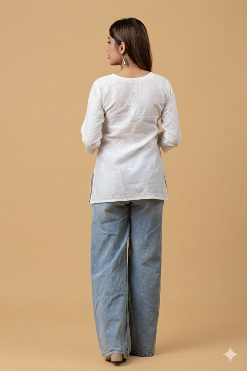 Off White Chanderi Chikankari Short Top